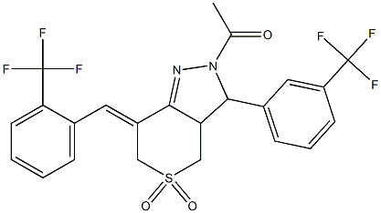 1-[(5Z)-3,3-dioxo-9-[3-(trifluoromethyl)phenyl]-5-[[2-(trifluoromethyl )phenyl]methylidene]-3$l^{6}-thia-7,8-diazabicyclo[4.3.0]non-6-en-8-yl ]ethanone Structure