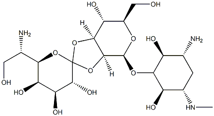 (+)-5-O-[2-O,3-O-[6-Amino-1,6-dideoxy-L-glycero-D-galacto-heptopyranose-1-ylidene]-β-D-manno-hexopyranosyl]-N'-methyl-2-deoxy-D-streptamine 结构式