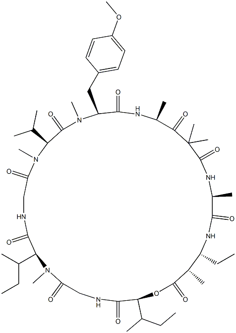 (3S)-Cyclo[L-Hmp-Gly-N-methyl-L-Ile-Gly-N-methyl-L-Val-N,O-dimethyl-L-Tyr-[(4S)-2,2,4-trimethyl-3-oxo-γAbu-]L-Ala-[(2S,3R)-3-ethyl-2-methyl βAla-]] Struktur