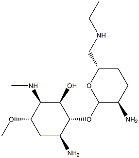 4-Amino-3-O-[2-amino-2,3,4,6-tetradeoxy-6-(ethylamino)-α-D-erythro-hexopyranosyl]-1,4,5-trideoxy-6-O-methyl-1-(methylamino)-L-chiro-inositol 结构式