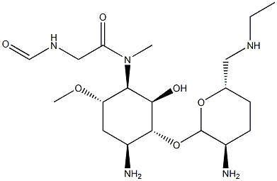 4-Amino-3-O-[2-amino-2,3,4,6-tetradeoxy-6-(ethylamino)-α-D-erythro-hexopyranosyl]-1,4,5-trideoxy-1-[[(formylamino)acetyl]methylamino]-6-O-methyl-L-chiro-inositol Structure