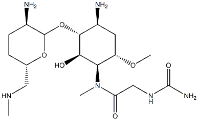 4-Amino-1-[[[(aminocarbonyl)amino]acetyl]methylamino]-3-O-[2-amino-2,3,4,6-tetradeoxy-6-(methylamino)-α-D-erythro-hexopyranosyl]-1,4,5-trideoxy-6-O-methyl-L-chiro-inositol Struktur