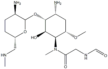 2-Amino-1-O-[2-amino-2,3,4,6-tetradeoxy-6-(methylamino)-α-D-erythro-hexopyranosyl]-2,3,5-trideoxy-5-[[(formylamino)acetyl]methylamino]-4-O-methyl-D-allo-inositol 结构式