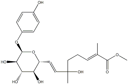 4-ヒドロキシフェニルβ-D-グルコピラノシド6-[(R,E)-6-ヒドロキシ-2,6-ジメチル-2,7-オクタジエノアート] 化学構造式