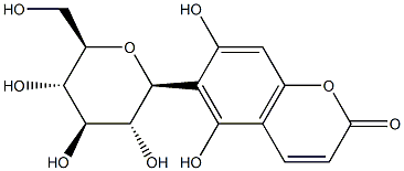 (+)-6-β-D-グルコピラノシル-5,7-ジヒドロキシクマリン 化学構造式