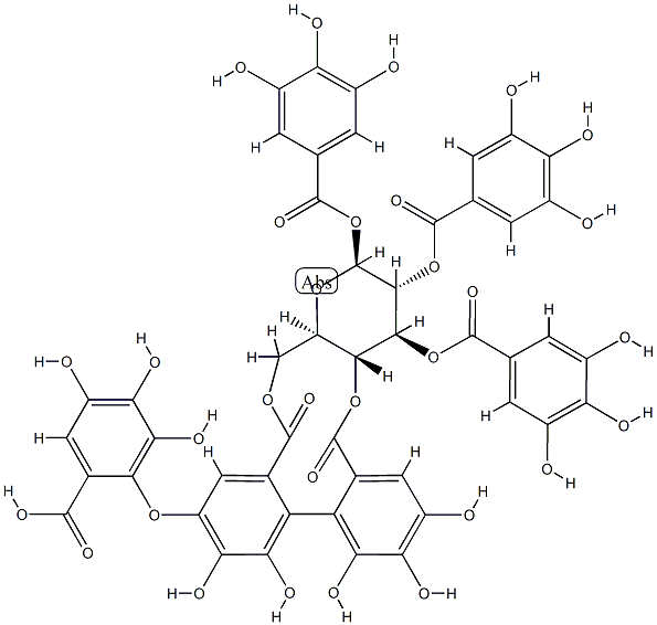 ガロイル2-O,3-O-ジガロイル-4-O,6-O-[[4'-(2,3,4-トリヒドロキシ-6-カルボキシフェノキシ)-2,2',3,3',4-ペンタヒドロキシ[1,1'-ビフェニル]-6,6'-ジイル]ジカルボニル]-β-D-グルコピラノシド 化学構造式