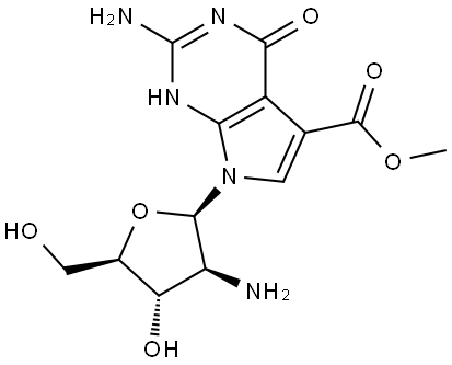 2-Amino-7-(2-amino-2-deoxy-β-D-arabinofuranosyl)-4,7-dihydro-4-oxo-1H-pyrrolo[2,3-d]pyrimidine-5-carboxylic acid methyl ester Struktur