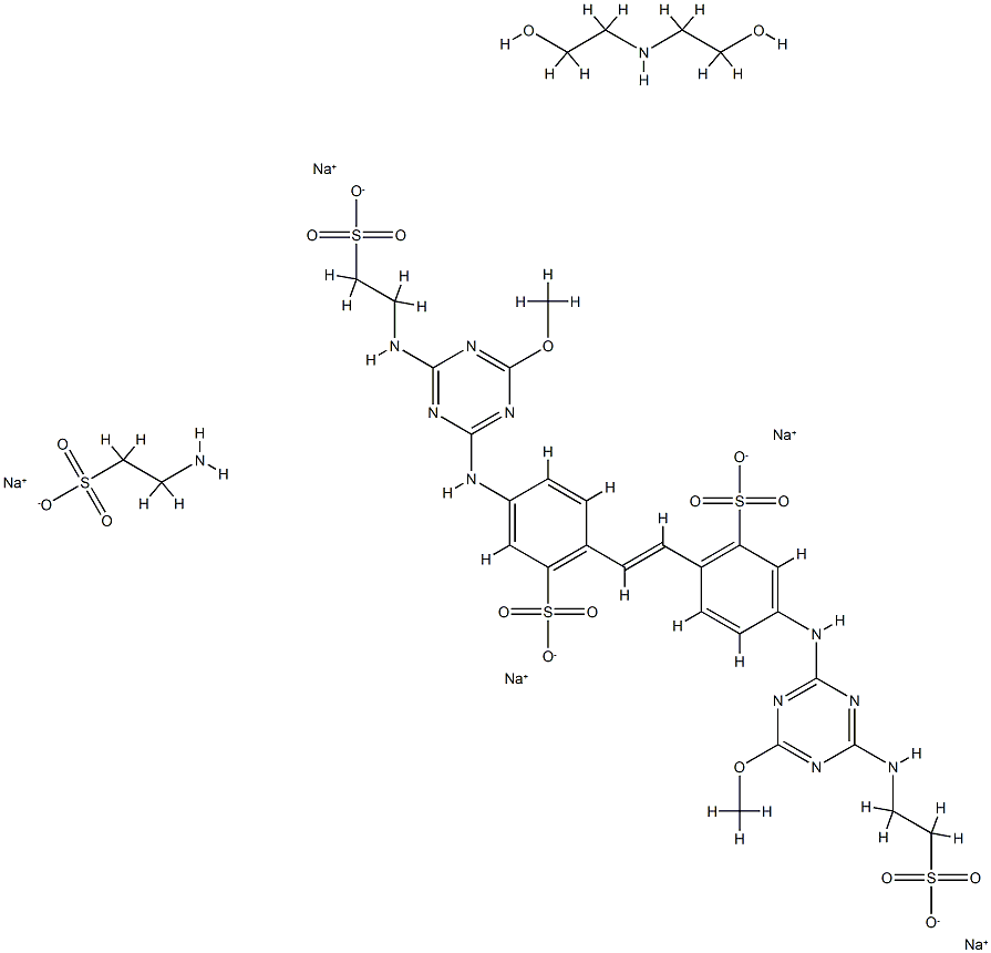 Benzenesulfonic acid, 2,2'-(1,2-ethenediyl)bis[5-[[4-methoxy-6-[(2-sulfoethyl)amino]-1,3,5-triazin-2-yl]amino]-, sodium salt, compd. with 2-aminoethanesulfonic acid monosodium salt and 2,2'-iminobis[ethanol] 化学構造式