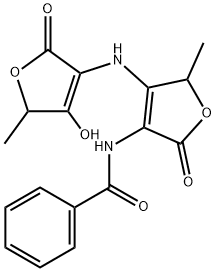 2-Pentenoic  acid,  2-benzamido-3,4,4-trihydroxy-2,3-iminodi-,  di--gamma--lactone  (5CI) Struktur