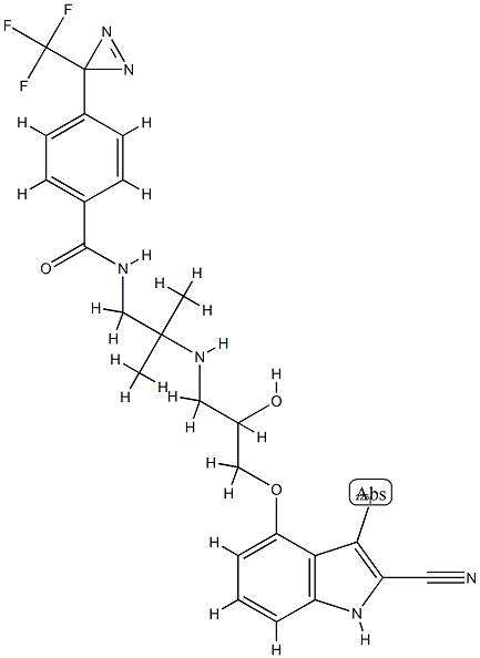 1-(2-(3-trifluoromethyldiazirino)benzoyl)-3,3-dimethyl-6-hydroxy-7-(2-cyano-3-iodoindol-4-yloxy)-1,4-diazaheptane Struktur
