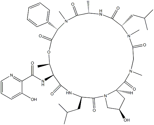 Cyclo[D-Leu-D-c4Hyp-N-methyl-Gly-N-methyl-L-Leu-L-Ala-N-methyl-L-phenyl Gly-N-[(3-hydroxy-2-pyridyl)carbonyl]-L-Thr*-] Structure