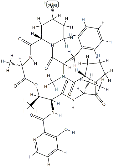 N-[(3-Hydroxy-2-pyridinyl)carbonyl]cyclo[L-Thr*-D-Abu-L-Pro-N-methyl-L-Phe-4α-hydroxy-L-pipecoloyl-L-Ala-] Structure