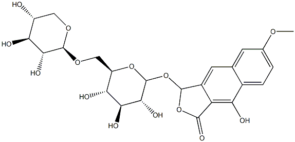 1,3-ジヒドロ-4-ヒドロキシ-7-メトキシ-3-オキソナフト[2,3-c]フラン-1-イル6-O-β-D-キシロピラノシル-β-D-グルコピラノシド 化学構造式
