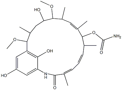 [(4E,6E,10E)-14,20,22-trihydroxy-13,17-dimethoxy-4,8,10,12,16-pentamet hyl-3-oxo-2-azabicyclo[16.3.1]docosa-4,6,10,19,21,23-hexaen-9-yl] carb amate Struktur