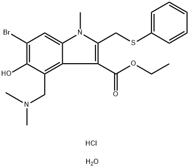 1H-Indole-3-carboxylicacid,6-bromo-4-[(dimethylamino)methyl]-5-hydroxy-1-methyl-2-[(phenylthio)methyl]-,ethyl ester, hydrochloride, hydrate (1:1:1) Struktur