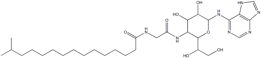 N-(1H-プリン-6-イル)-4-[[[(14-メチル-1-オキソペンタデシル)アミノ]アセチル]アミノ]-4-デオキシ-β-L-glycero-L-manno-ヘプトピラノシルアミン 化学構造式