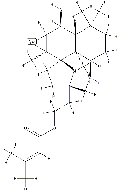 2-[(1'aS,2R,5S)-2'a,3',4,4',5,5',6',6'aα,7',7'aβ-Decahydro-3'α,7'α-dihydroxy-1'aβ,2'aβ,5,6',6'-pentamethylspiro[furan-2(3H),2'(1'aH)-naphth[2,3-b]oxiren]-5-yl]ethyl=3-methyl-2-butenoate Struktur