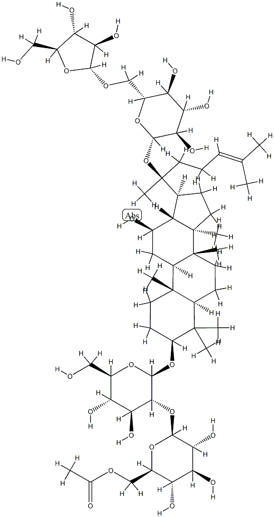 20-[(6-O-α-L-アラビノフラノシル-β-D-グルコピラノシル)オキシ]-12β-ヒドロキシ-5α-ダンマラ-24-エン-3β-イル2-O-(6-O-アセチル-β-D-グルコピラノシル)-β-D-グルコピラノシド 化学構造式