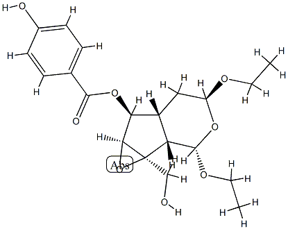 (1aS,1bα,5aα,6aβ)-2β,4α-ジエトキシオクタヒドロ-1aβ-ヒドロキシメチルオキシレノ[4,5]シクロペンタ[1,2-c]ピラン-6α-オール6-(4-ヒドロキシベンゾアート) 化学構造式