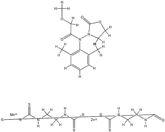 N-(2,6-dimethylphenyl)-2-methoxy-N-(2-oxooxazolidin-3-yl)acetamide: ma nganese(+2) cation: [2-(sulfidocarbothioylamino)ethylamino]methanedith ioate: zinc(+2) cation 结构式