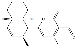 4-メトキシ-6-[(1R)-1,2,4aα,5,6,7,8,8aα-オクタヒドロ-2β-メチルナフタレン-1α-イル]-2-オキソ-2H-ピラン-3-カルボアルデヒド 化学構造式