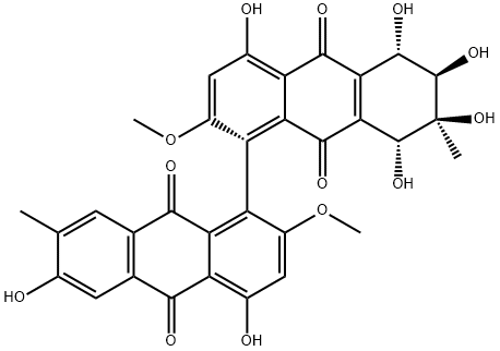 (5S)-2,2'-ジメトキシ-7,7'-ジメチル-4,4',5α,6β,6',7β,8α-ヘプタヒドロキシ-5,6,7,8-テトラヒドロ-1,1'-ビアントラセン-9,9',10,10'-テトラオン 化学構造式