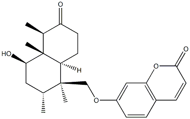 (+)-7-[[(1S,8aα)-デカヒドロ-4β-ヒドロキシ-1,2α,4aβ,5β-テトラメチル-6-オキソナフタレン-1β-イル]メトキシ]-2H-1-ベンゾピラン-2-オン 化学構造式