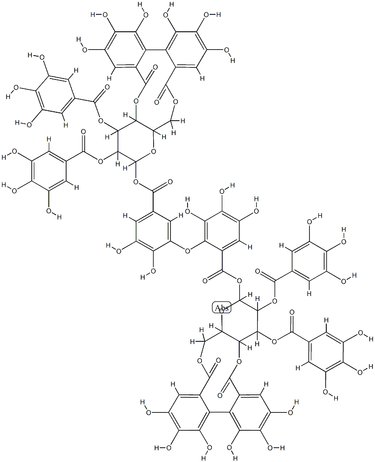 2-[2,3-ジヒドロキシ-5-[2-O,3-O-ジガロイル-4-O,6-O-(4,4′,5,5′,6,6′-ヘキサヒドロキシビフェニル-2,2′-ジイルジカルボニル)-β-D-グルコピラノシルオキシカルボニル]フェノキシ]没食子酸2-O,3-O-ジガロイル-4-O,6-O-(4,4′,5,5′,6,6′-ヘキサヒドロキシビフェニル-2,2′-ジイルジカルボニル)-β-D-グルコピラノシル 化学構造式