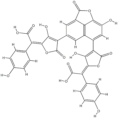8-ヒドロキシ-4,6-ビス[(5E)-5-(α-カルボキシ-4-ヒドロキシベンジリデン)-4-ヒドロキシ-2,5-ジヒドロ-2-オキソフラン-3-イル]-2H-ナフト[1,8-bc]フラン-2-オン 化学構造式