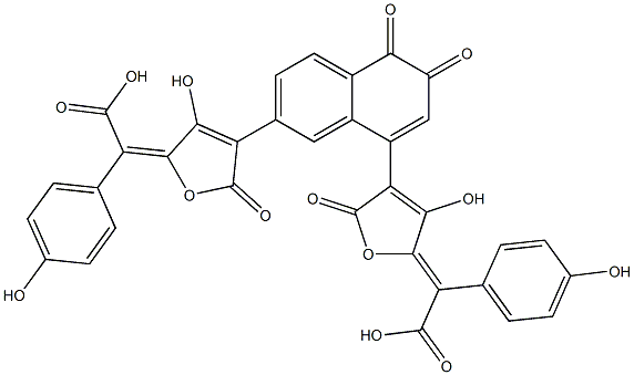 (αE,α'E)-α,α'-[(3,4-ジヒドロ-3,4-ジオキソナフタレン-1,7-ジイル)ビス(3-ヒドロキシ-5-オキソフラン-4-イル-2(5H)-イリデン)]ビス(4-ヒドロキシベンゼン酢酸) 化学構造式