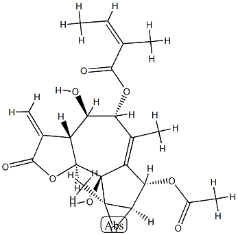 (Z)-2-メチル-2-ブテン酸(3aR)-7α-(アセチルオキシ)-2,3,3aβ,4,5,7,7aα,8a,8b,8cα-デカヒドロ-4β,8bβ-ジヒドロキシ-6,8aα-ジメチル-3-メチレン-2-オキソオキシレノ[2,3]アズレノ[4,5-b]フラン-5α-イル 化学構造式