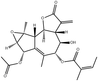 (Z)-2-メチル-2-ブテン酸(3aR)-7α-(アセチルオキシ)-2,3,3aβ,4,5,7,7aα,8a,8bβ,8cα-デカヒドロ-4β-ヒドロキシ-6,8aα-ジメチル-3-メチレン-2-オキソオキシレノ[2,3]アズレノ[4,5-b]フラン-5α-イル 化学構造式