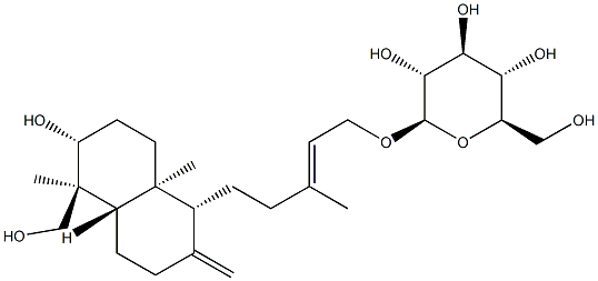 [(E)-5-[[(1R,4aβ)-デカヒドロ-6α-ヒドロキシ-5β-(ヒドロキシメチル)-5,8aα-ジメチル-2-メチレンナフタレン]-1α-イル]-3-メチル-2-ペンテニル]β-D-グルコピラノシド 化学構造式