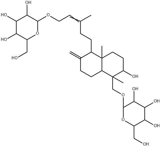 (1S,8aβ)-Decahydro-1,4aα-dimethyl-6-methylene-1β-[(β-D-glucopyranosyloxy)methyl]-5α-[(E)-5-(β-D-glucopyranosyloxy)-3-methyl-3-pentenyl]naphthalen-2α-ol Structure