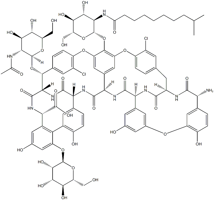 34-O-[2-(アセチルアミノ)-2-デオキシ-β-D-グルコピラノシル]-22,31-ジクロロ-7-デメチル-64-O-デメチル-19-デオキシ-56-O-[2-デオキシ-2-[(9-メチルデカノイル)アミノ]-β-D-グルコピラノシル]-42-O-α-D-マンノピラノシルリストマイシンAアグリコン 化学構造式