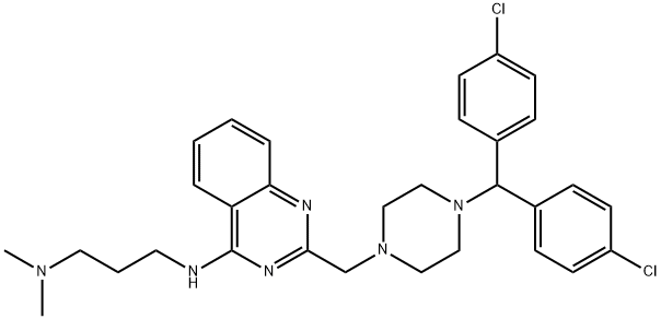 2-({4-[ビス(4-クロロフェニル)メチル]ピペラジン-1-イル}メチル)-N-[3-(ジメチルアミノ)プロピル]キナゾリン-4-アミン 化学構造式