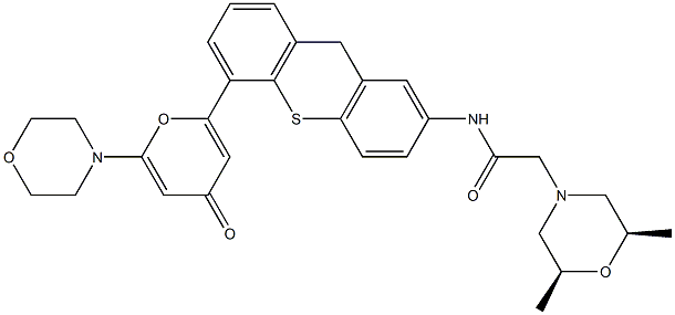 (2S)-N-[5-(4-オキソ-6-モルホリノ-4H-ピラン-2-イル)-9H-チオキサンテン-2-イル]-2β,6β-ジメチルモルホリン-4-アセトアミド 化学構造式