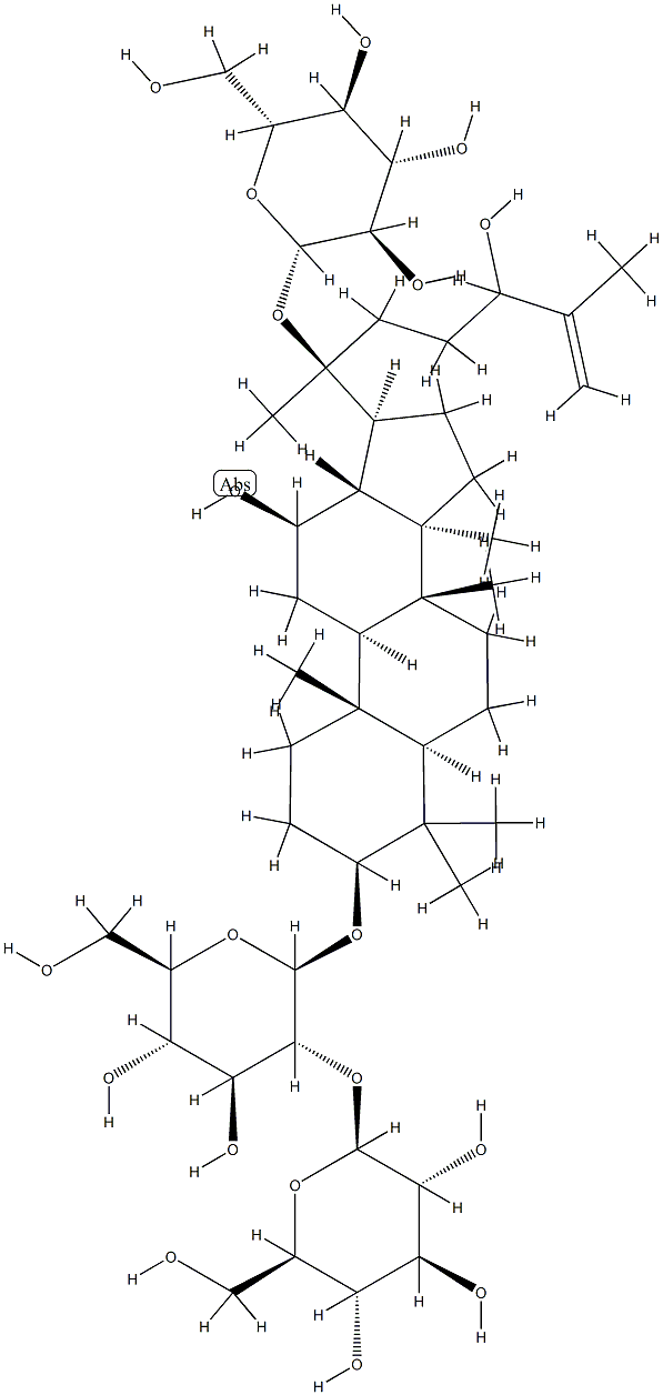 20-(β-D-グルコピラノシルオキシ)-12β,24-ジヒドロキシ-5α-ダンマラ-25-エン-3β-イル2-O-β-D-グルコピラノシル-β-D-グルコピラノシド 化学構造式