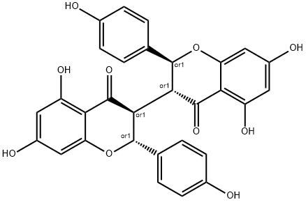 (3R,3′S)-2α,2′β-ビス(4-ヒドロキシフェニル)-5,5′,7,7′-テトラヒドロキシ-3,3′-ビ[2H-1-ベンゾピラン]-4,4′(3H,3′H)-ジオン 化学構造式