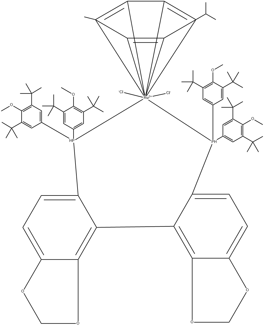 Chloro{(S)-(+)-5,5'-bis[di(3,5-di-t-butyl-4-methoxyphenyl)phosphino]-4,4'-bi-1,3-benzodioxole}(p-cymene)ruthenium(II)chloride[RuCl(p-cymene) ((S)-dtbm-segphos)]Cl　 Struktur