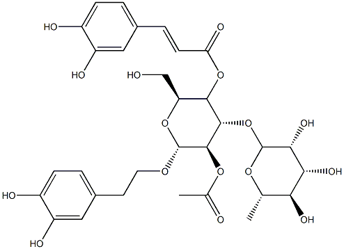 2-(3,4-ジヒドロキシフェニル)エチル2-O-アセチル-3-O-α-L-ラムノピラノシル-4-O-[(E)-3-(3,4-ジヒドロキシフェニル)アクリロイル]-β-D-グルコピラノシド 化学構造式
