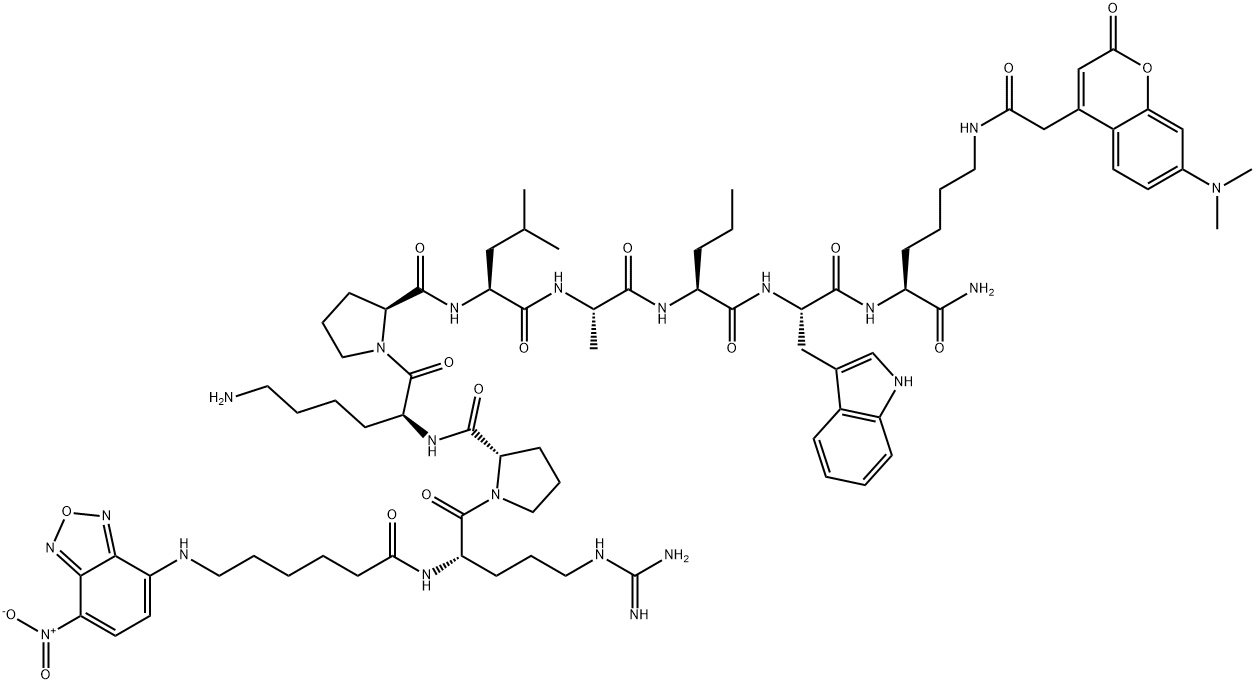 6-(7-Nitro-benzo[2,1,3]oxadiazol-4-ylamino)-hexanoyl-Arg-Pro-Lys-Pro-Leu-Ala-Nva-Trp-Lys(7-dimethylaminocoumarin-4-yl)-NH2 Structure