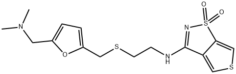 N-[2-[[5-(dimethylaminomethyl)-2-furyl]methylsulfanyl]ethyl]-8,8-dioxo -3,8$l^{6}-dithiabicyclo[3.3.0]octa-1,4,6-trien-6-amine Structure