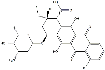 (1R)-4α-(3-アミノ-2,3,6-トリデオキシ-α-L-lyxo-ヘキソピラノシルオキシ)-2-(2-14C)エチル-1,2,3,4,6,11-ヘキサヒドロ-2α,5,7,12-テトラヒドロキシ-6,11-ジオキソナフタセン-1β-カルボン酸 化学構造式
