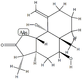(3S)-3aβ,4,5,5a,6,7,8,9,9a,9bα-デカヒドロ-5α,9aβ-ジヒドロキシ-3β,5aα-ジメチル-9-メチレンナフト[1,2-b]フラン-2(3H)-オン 化学構造式