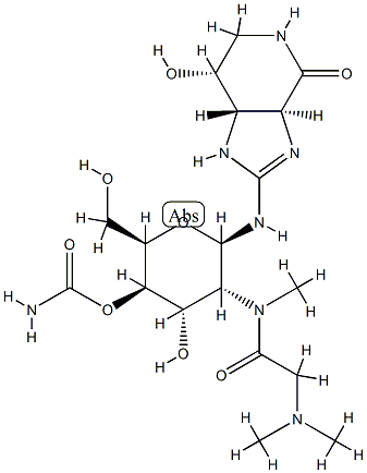 [3aS,(-)]-2-[[4-O-アミノカルボニル-2-[メチル[(ジメチルアミノ)アセチル]アミノ]-2-デオキシ-β-D-グロピラノシル]アミノ]-1,3aβ,5,6,7,7aα-ヘキサヒドロ-7β-ヒドロキシ-4H-イミダゾ[4,5-c]ピリジン-4-オン 化学構造式
