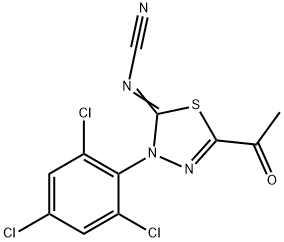 2-Acetyl-5-cyanimino-4,5-dihydro-4-(2,4,6-trichlorophenyl)-1,3,4-thiadiazole 化学構造式