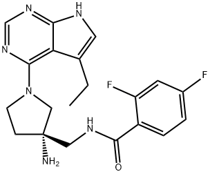 (S)-N-[[3-アミノ-1-(5-エチル-7H-ピロロ[2,3-D]ピリミジン-4-イル)ピロリジン-3-イル]メチル]-2,4-ジフルオロベンズアミド 化学構造式