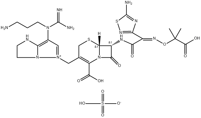 7-[1-(3-アミノプロピル)グアニジノ]-2,3-ジヒドロ-5-[[(6R,7R)-2-カルボキシ-7-[1-カルボキシ-1-メチルエトキシイミノ(5-アミノ-1,2,4-チアジアゾール-3-イル)アセチルアミノ]-8-オキソ-5-チア-1-アザビシクロ[4.2.0]オクタ-2-エン-3-イル]メチル]-1H-イミダゾ[1,2-b]ピラゾール-5-イウム 化学構造式