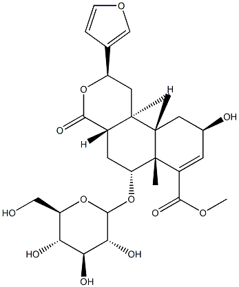 [2S,(-)]-2β-(3-フラニル)-6β-(β-D-グルコピラノシルオキシ)-1,4,4aα,5,6,6a,9,10,10aα,10b-デカヒドロ-9α-ヒドロキシ-6aα,10bβ-ジメチル-4-オキソ-2H-ナフト[2,1-c]ピラン-7-カルボン酸メチル 化学構造式